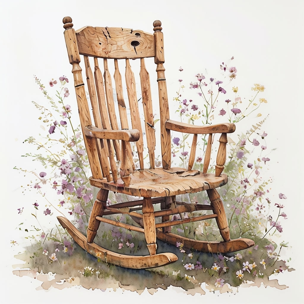 Rustic Wooden Rocking Chair with Delicate Wildflowers Mug