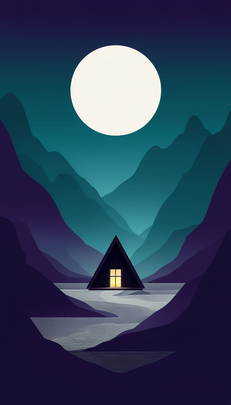 Serene Minimalist Night Scene with A-Frame Cabin Wallpaper