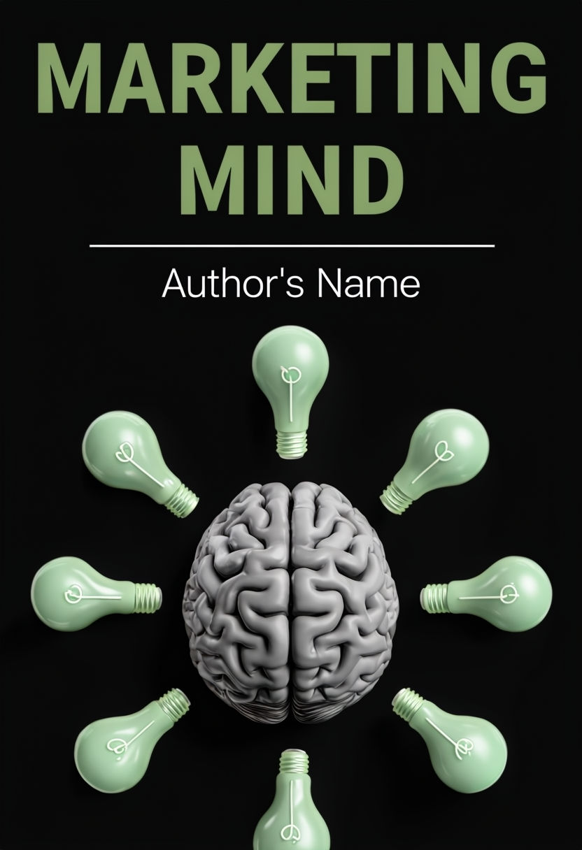 Modern Minimalist Marketing Mind Book Cover with Human Brain and Lightbulbs