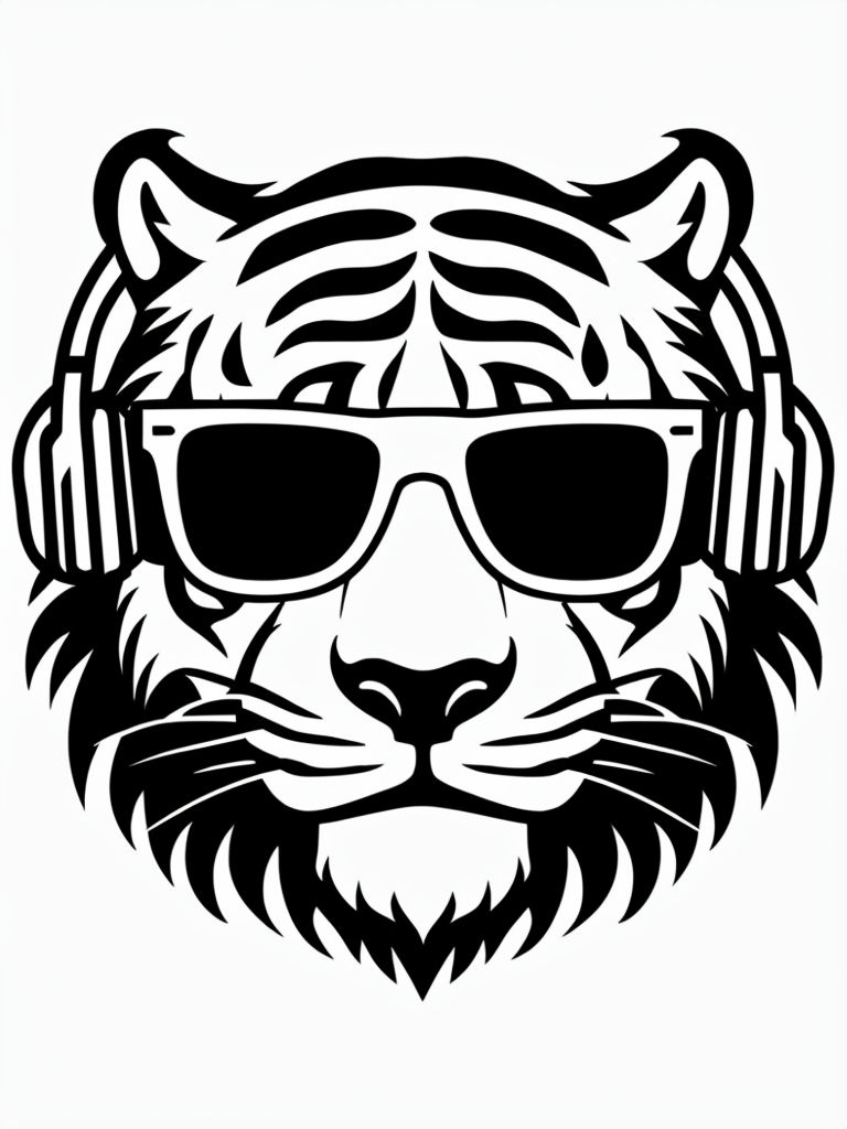 Cool Black and White Tiger with Sunglasses and Headphones Coloring Book Page