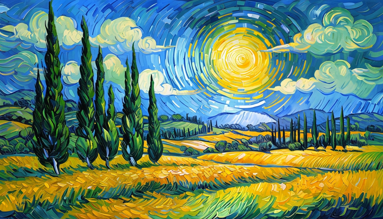 Vibrant Expressionist Cypress Trees Landscape Virtual Background