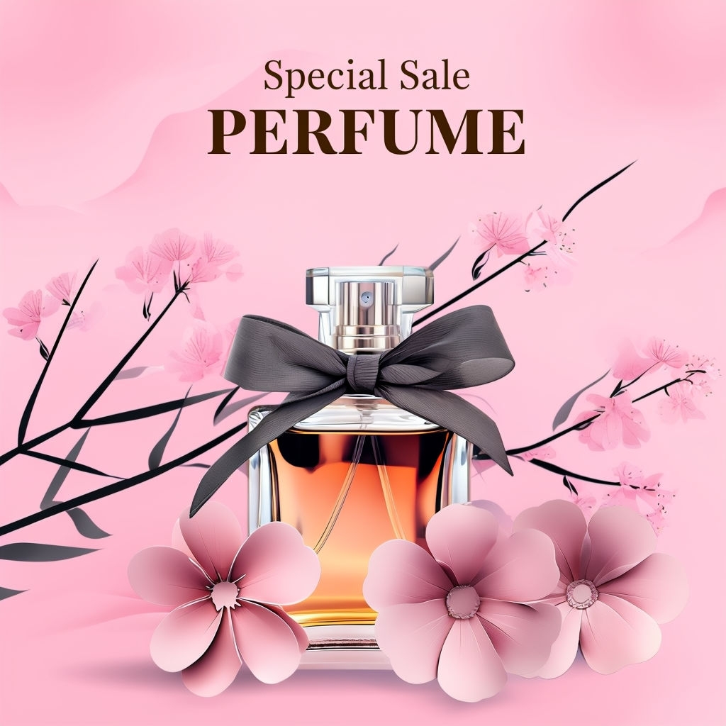 Elegant Amber Perfume Bottle with Floral Decor Social Media Post