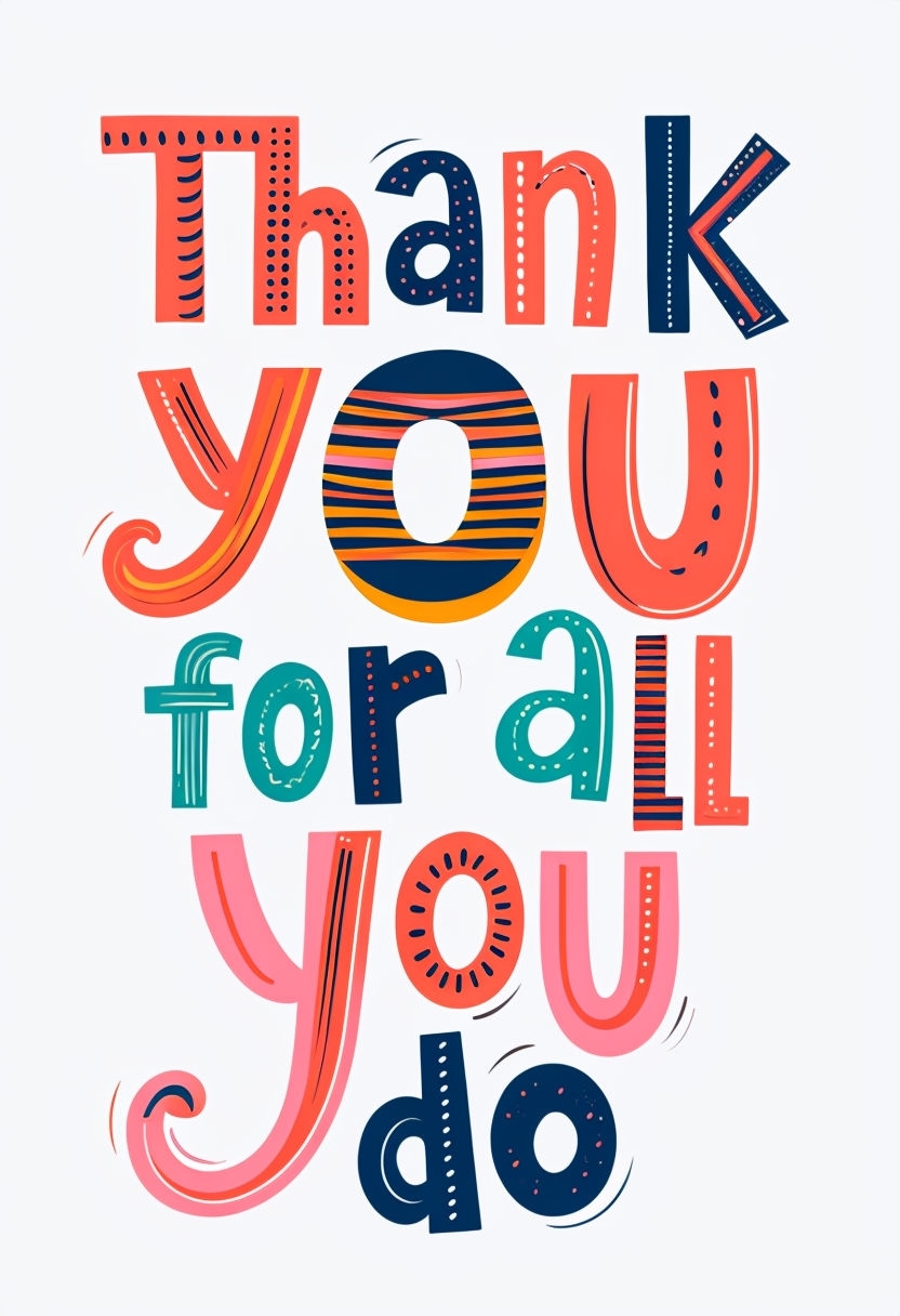 Colorful Whimsical Thank You Lettering Illustration Card