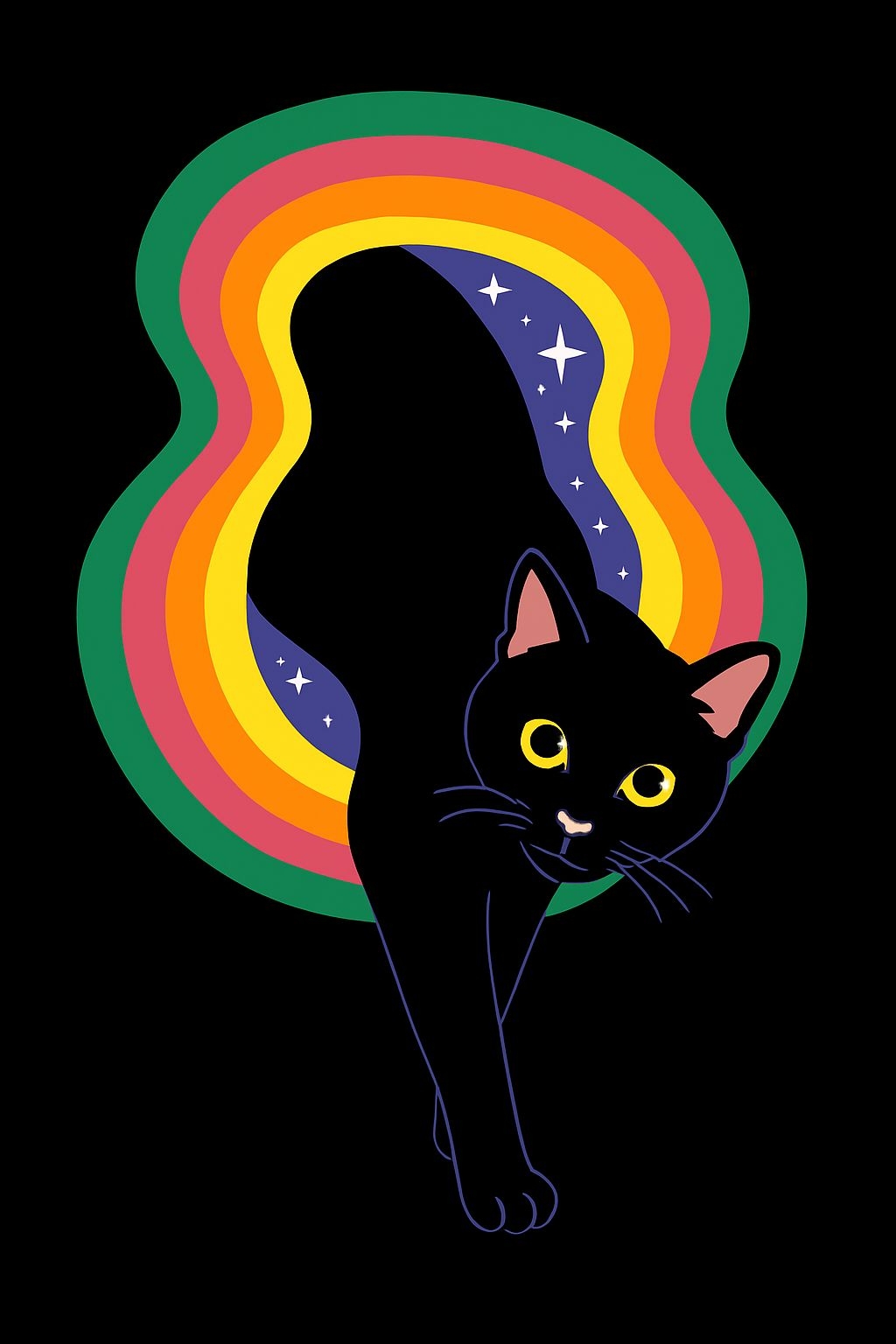 Vibrant Black Cat with Rainbow Aura Digital Art Poster
