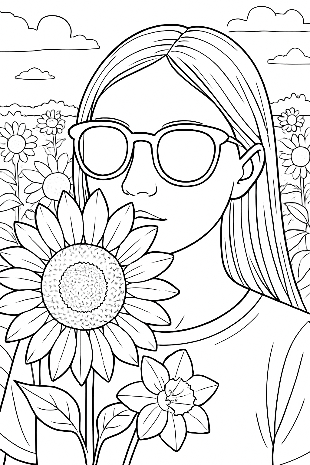 Serene Young Woman in Sunflower Field Line Art Coloring Page