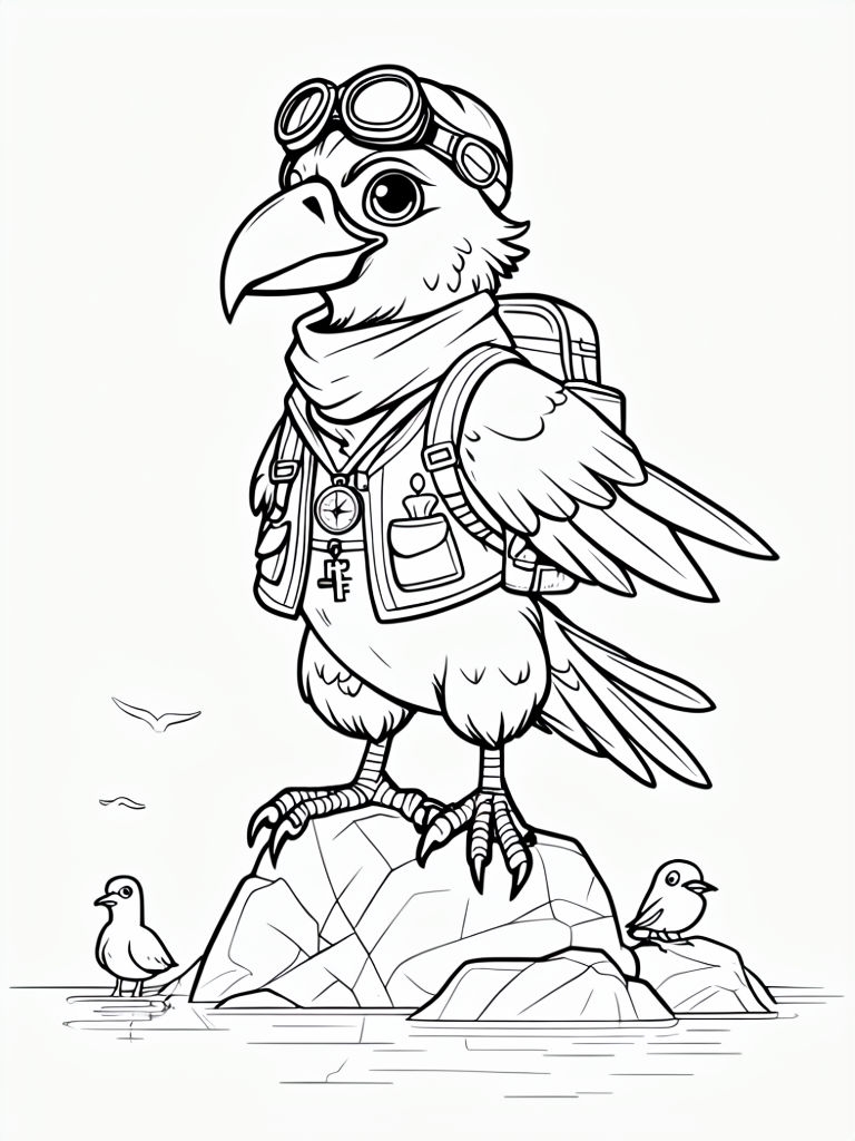 Whimsical Cartoon Bird Adventure Coloring Page for Kids Coloring Book Pages