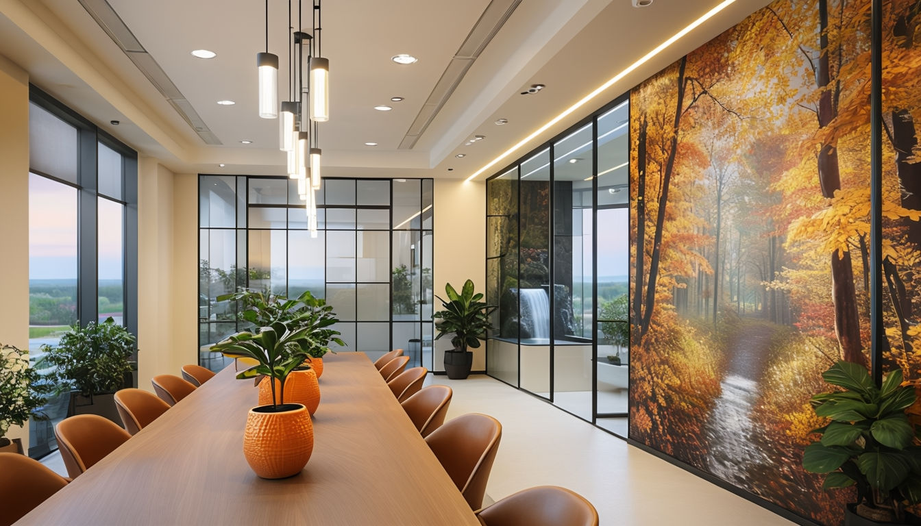 Modern Conference Room Design with Autumn Mural Art Poster