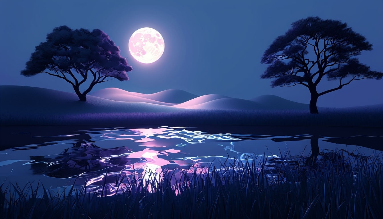 Tranquil Night Landscape with Full Moon Virtual Background