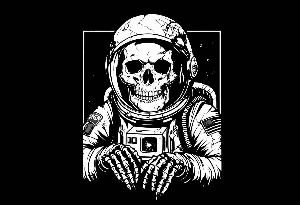 Eerie Astronaut Skeleton in Cracked Helmet Graphic T-Shirt