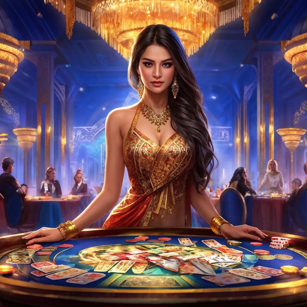 Uzbek casino girl in traditional attire with intricate golden embroidery, surrounded by ornate gaming tables, vividly patterned carpets, cascading crystal chandeliers, high-stakes gaming ambiance, intense focus on gleaming cards held firmly, shimmering with cultural motifs, textured with lush silk fabrics, ambient lighting reflecting on her determined expression, digital painting, octane rendering, ultra realistic.