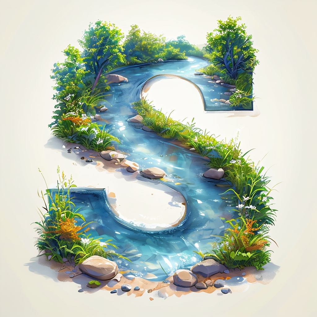 Serene River 'S' Letter Illustration in Vibrant Nature Scene Monogram