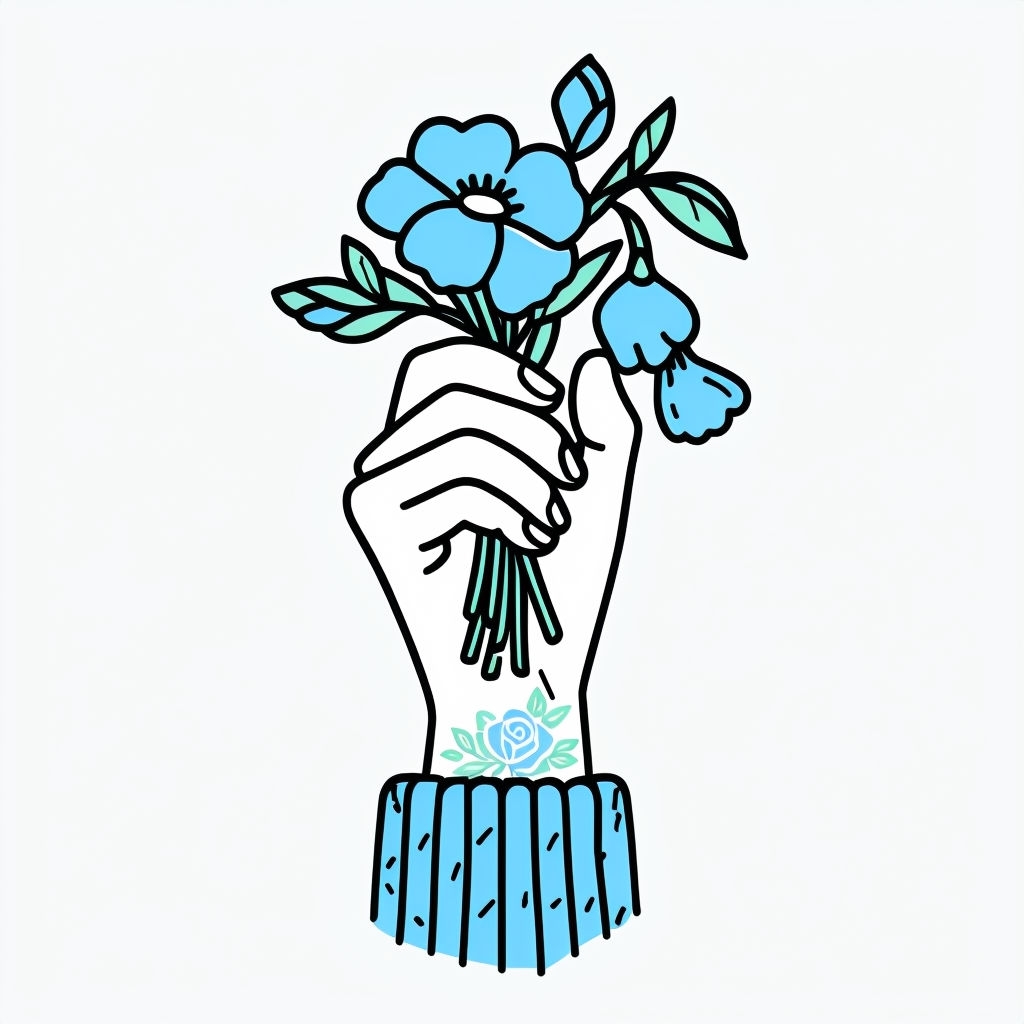 Stylized White Hand Holding Light Blue Flowers Illustration Sticker