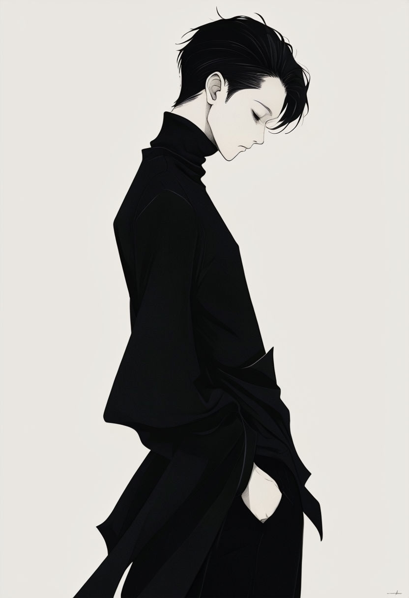 Minimalistic Anime-Inspired Contemplative Portrait Art