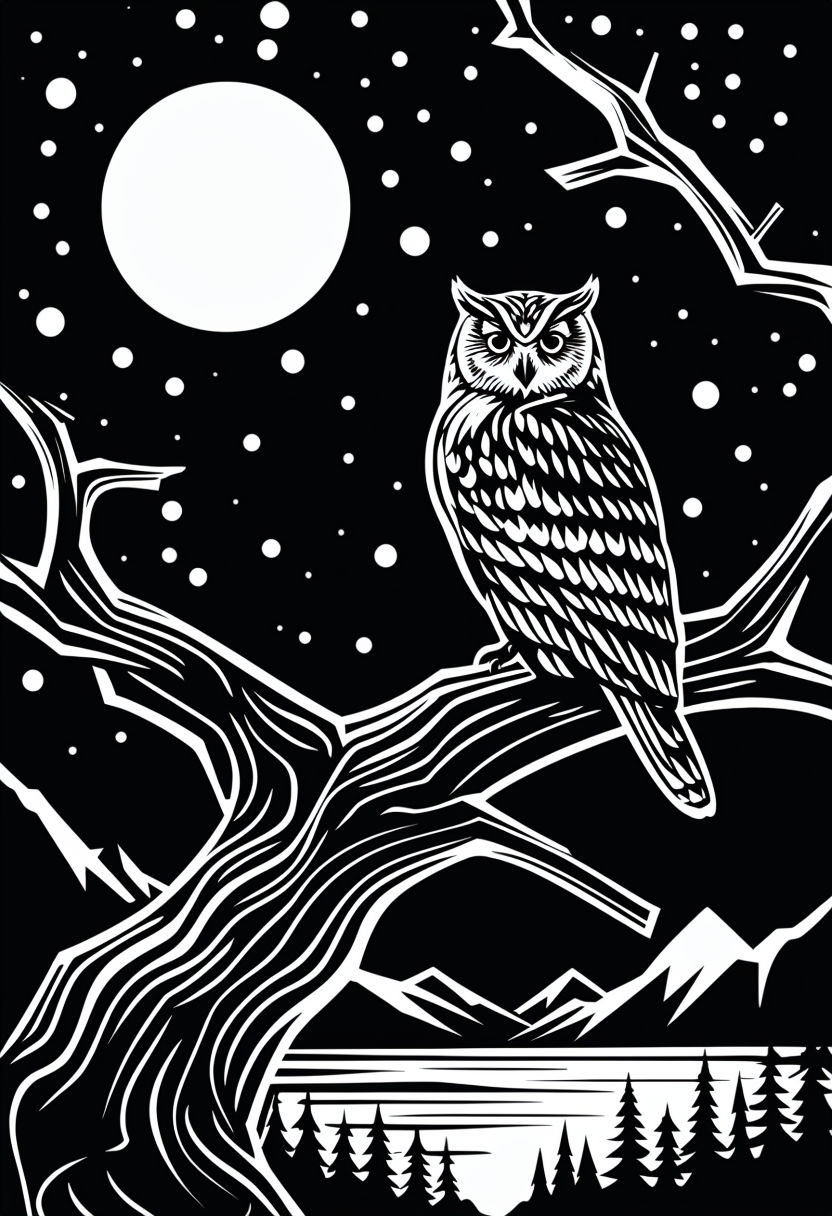 Nocturnal Forest Scene with Owl and Moon Black and White Art