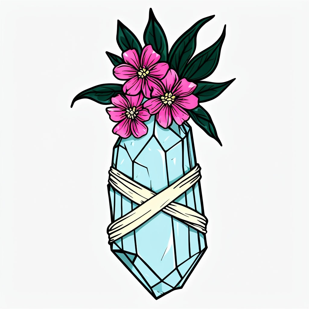 Pale Blue Crystal with Pink Flowers and Leaves Cartoon Sticker