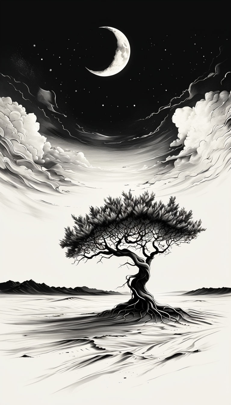 Surreal Black and White Tree in Desert Cosmic Landscape Wallpaper
