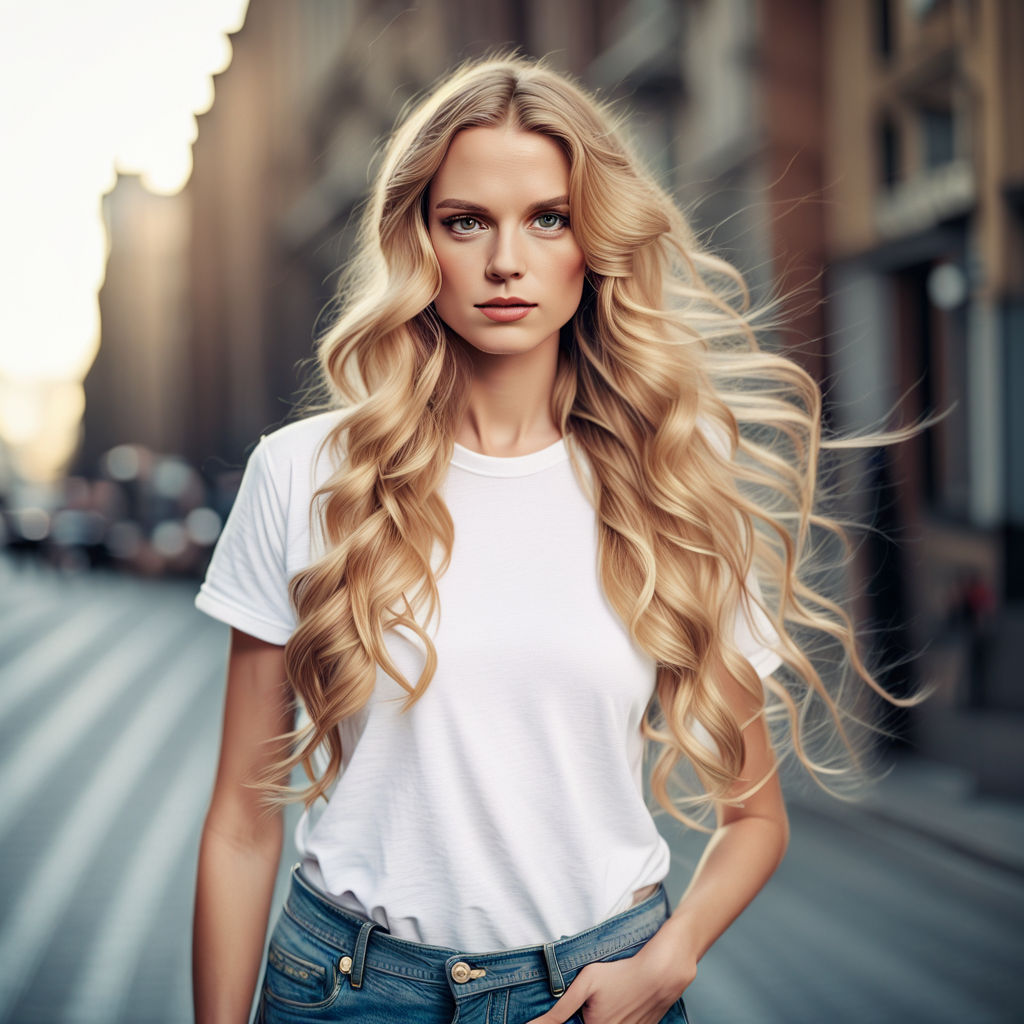 a long-legged woman with wavy blond disheveled hair