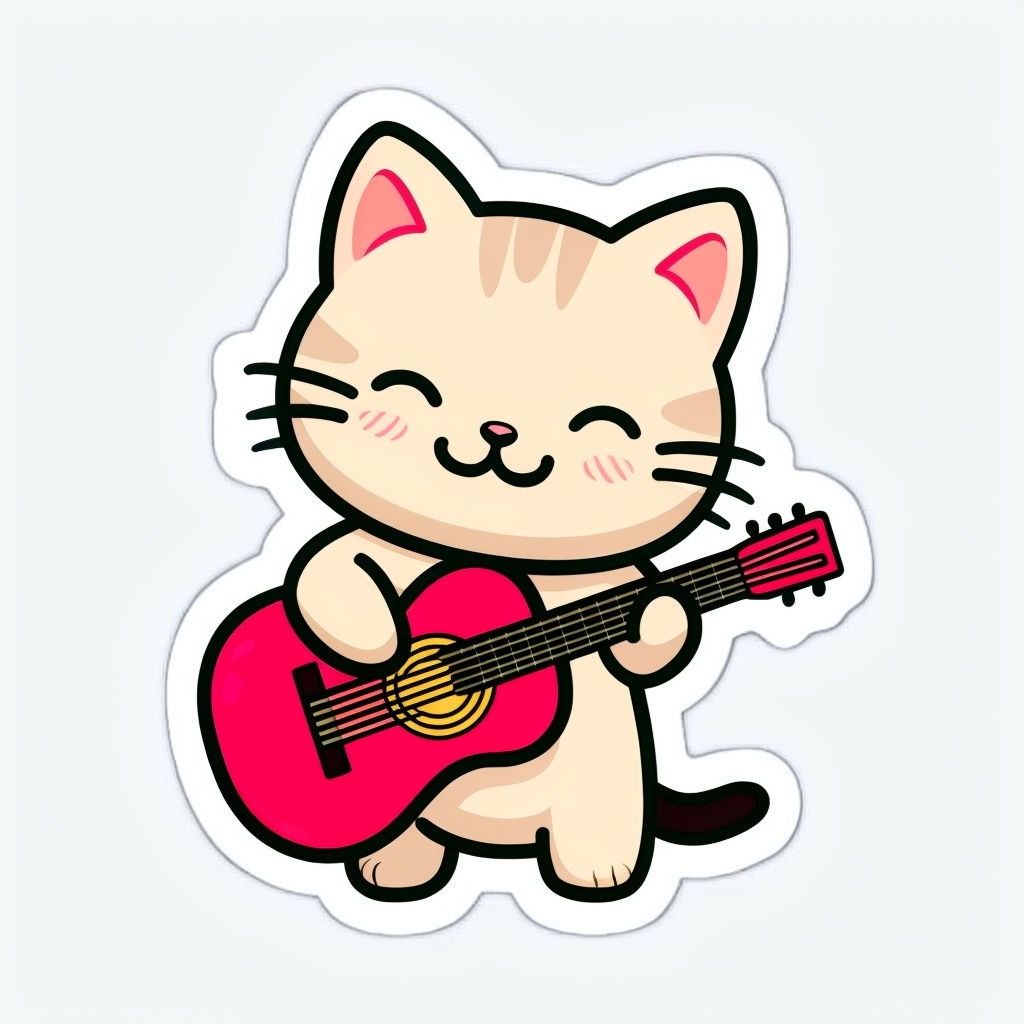 Cute Cartoon Cat Playing Guitar Sticker Design