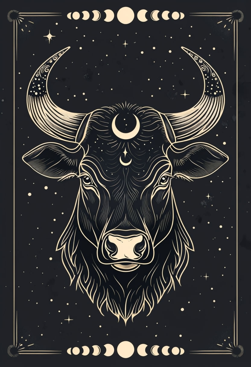 Mystical Bull's Head Line Art with Celestial Elements Poster