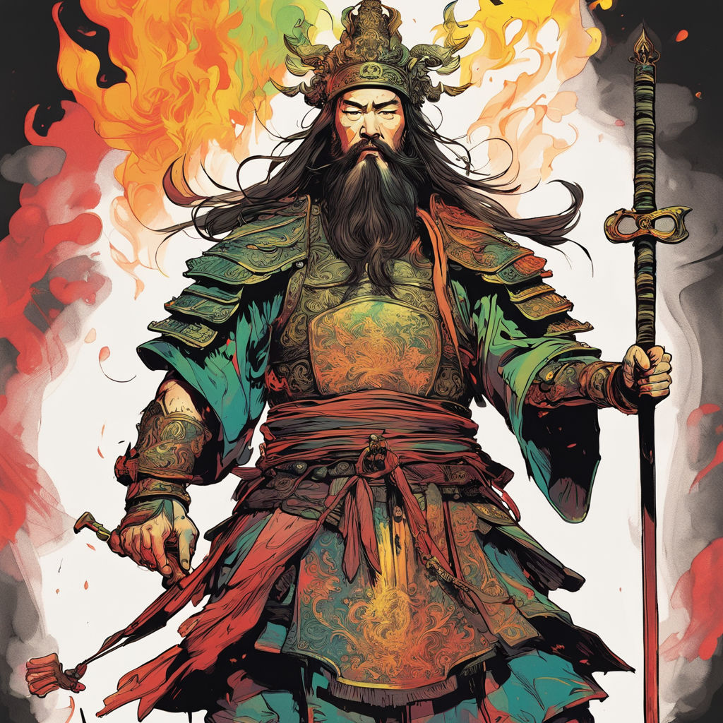 The burning China Warrior Guan Yu holding a head by Joe Ng - Playground