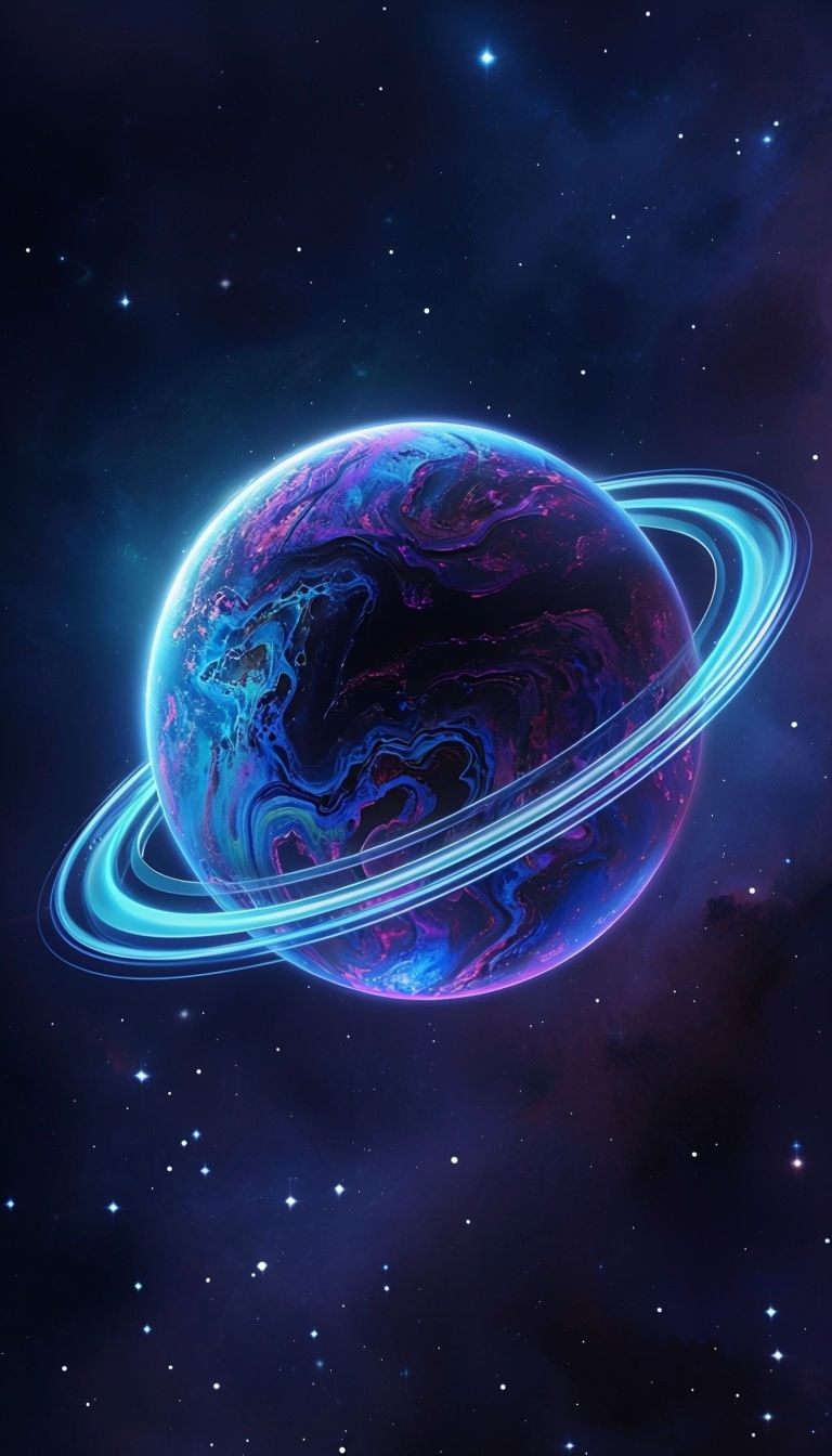 Vivid Cosmic Planet with Neon Rings Digital Art Mobile Wallpaper