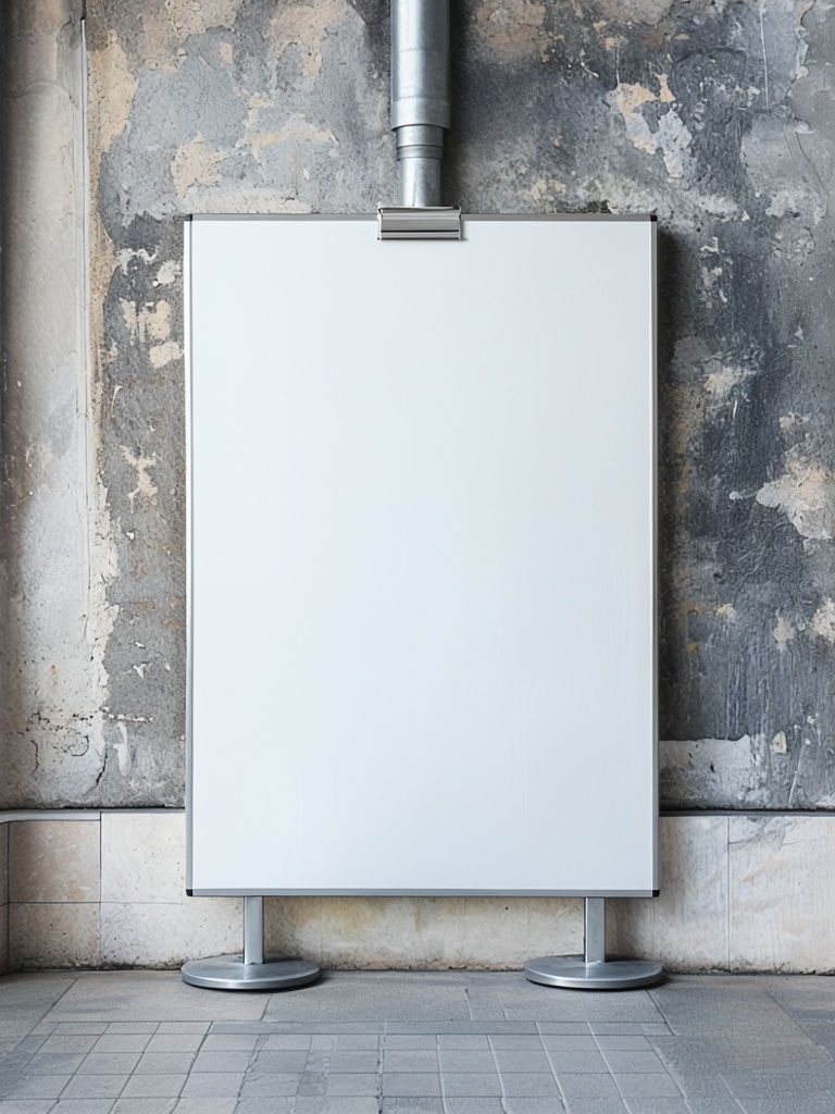 Industrial White Panel Display Against Textured Concrete Wall Mockup