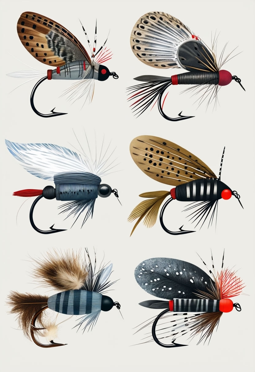 Vintage Fly Fishing Lures Illustration on Beige Background Poster