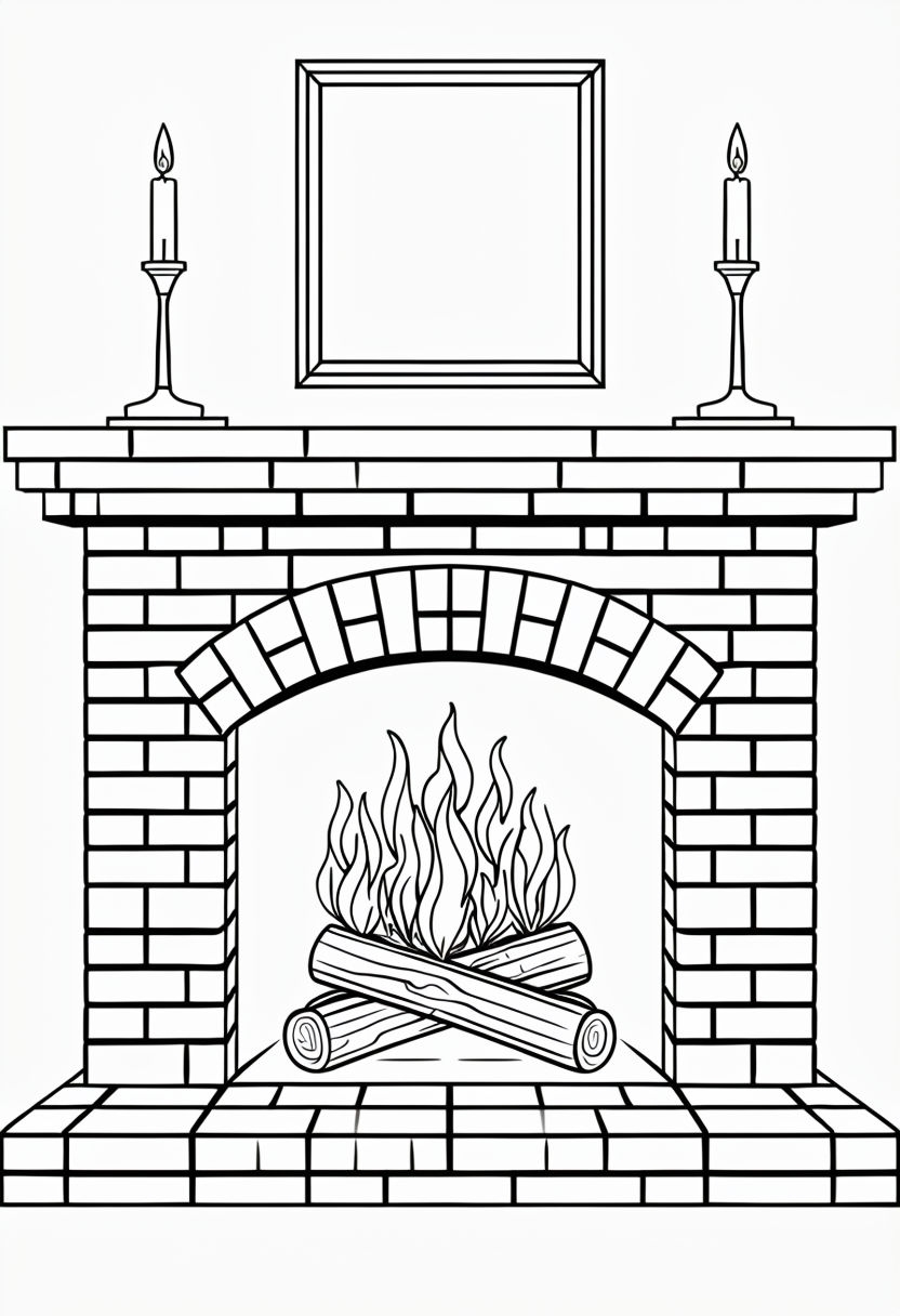 Symmetrical Black and White Traditional Brick Fireplace Illustration Coloring Book Pages