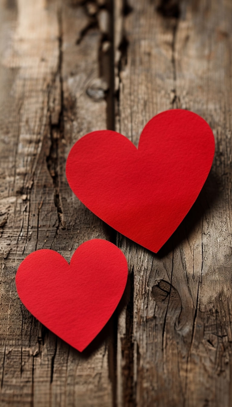Vibrant Red Heart Cutouts on Rustic Wood Background Mobile Wallpaper