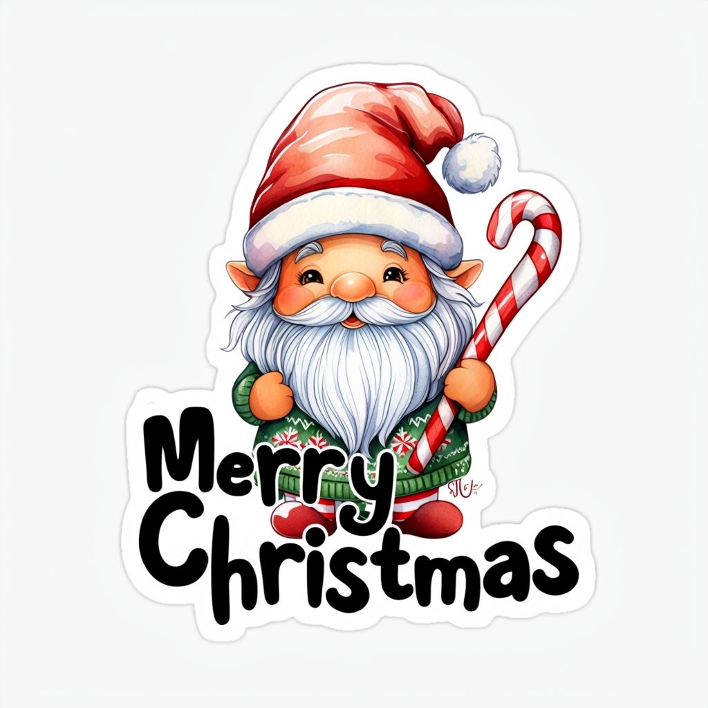 Cheerful Christmas Gnome with Candy Cane Sticker