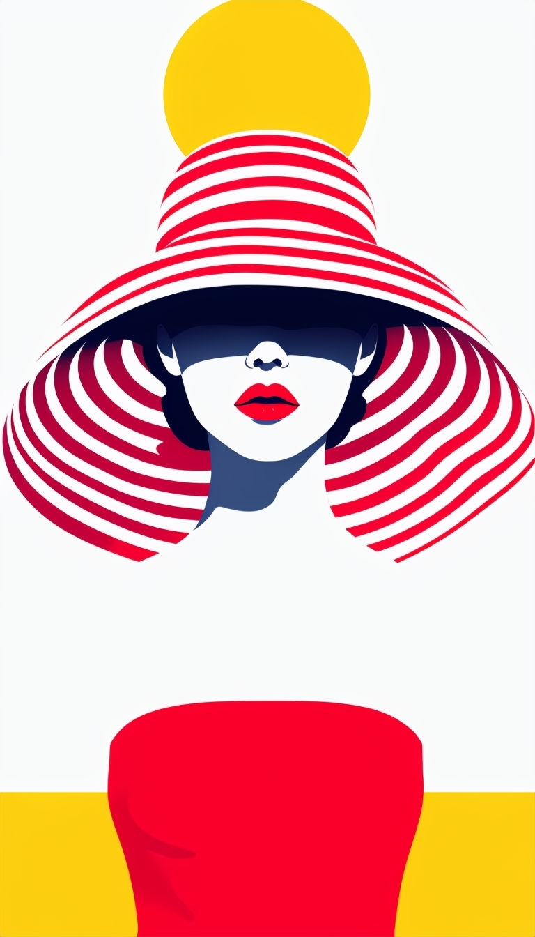 Vibrant Minimalist Woman Illustration with Striped Hat Mobile Wallpaper