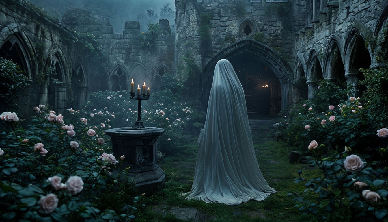 Eerie Medieval Abbey Courtyard at Dusk Virtual Background