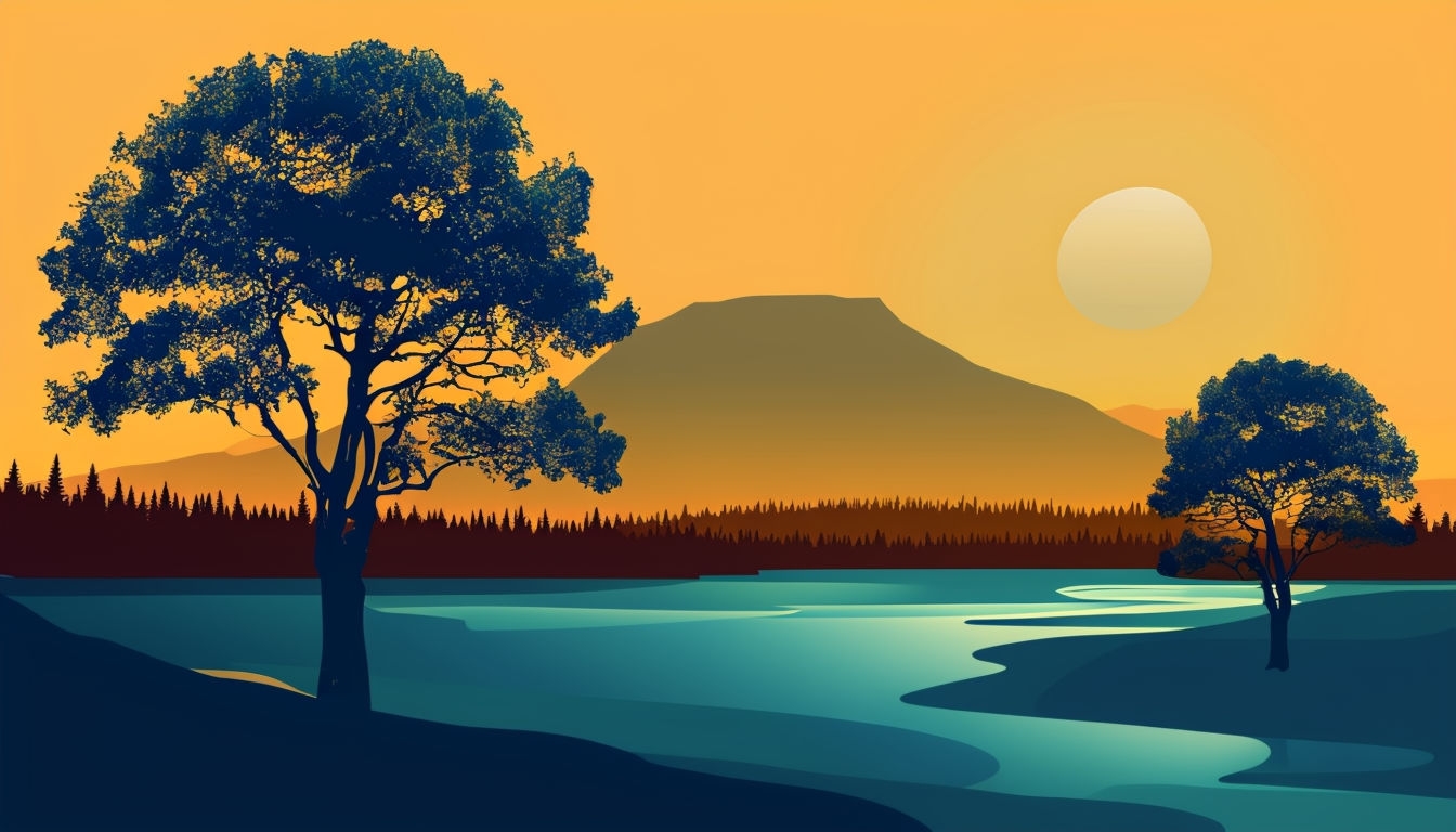 Serene Sunset Landscape with Trees and Reflections Virtual Background