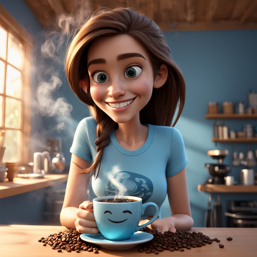 a cartoon character with a cup of coffee and a smile on her face.