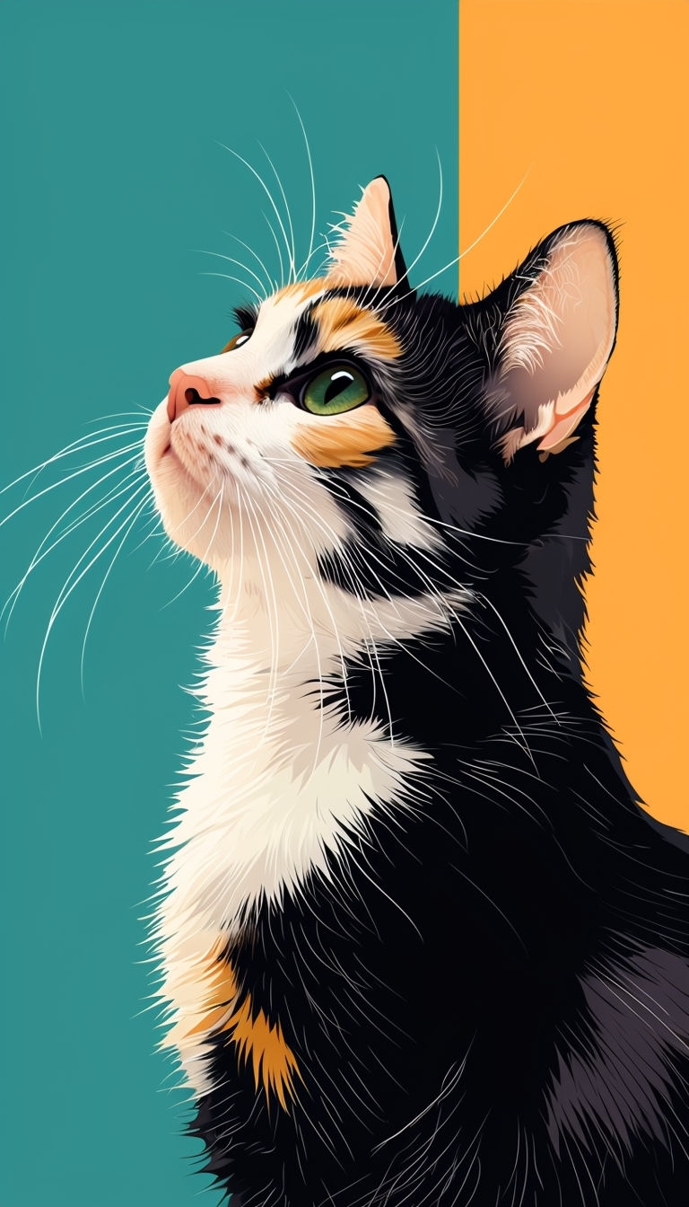 Calico Cat Illustration with Teal and Orange Background Phone Case Cover