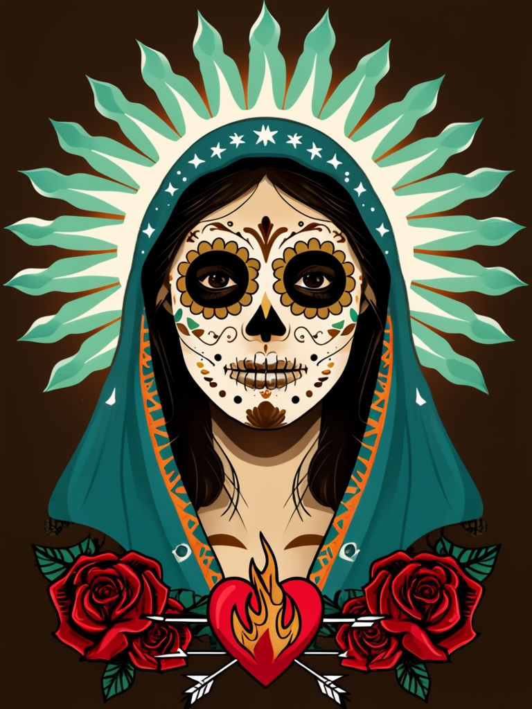 Vibrant Mexican Folk Art Sugar Skull Woman Illustration Poster