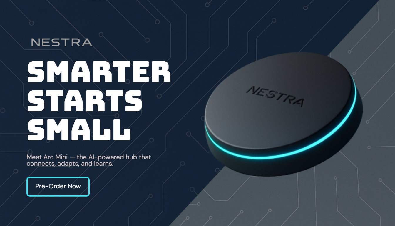 Futuristic Nestra Arc Mini AI Hub Advertisement Banner