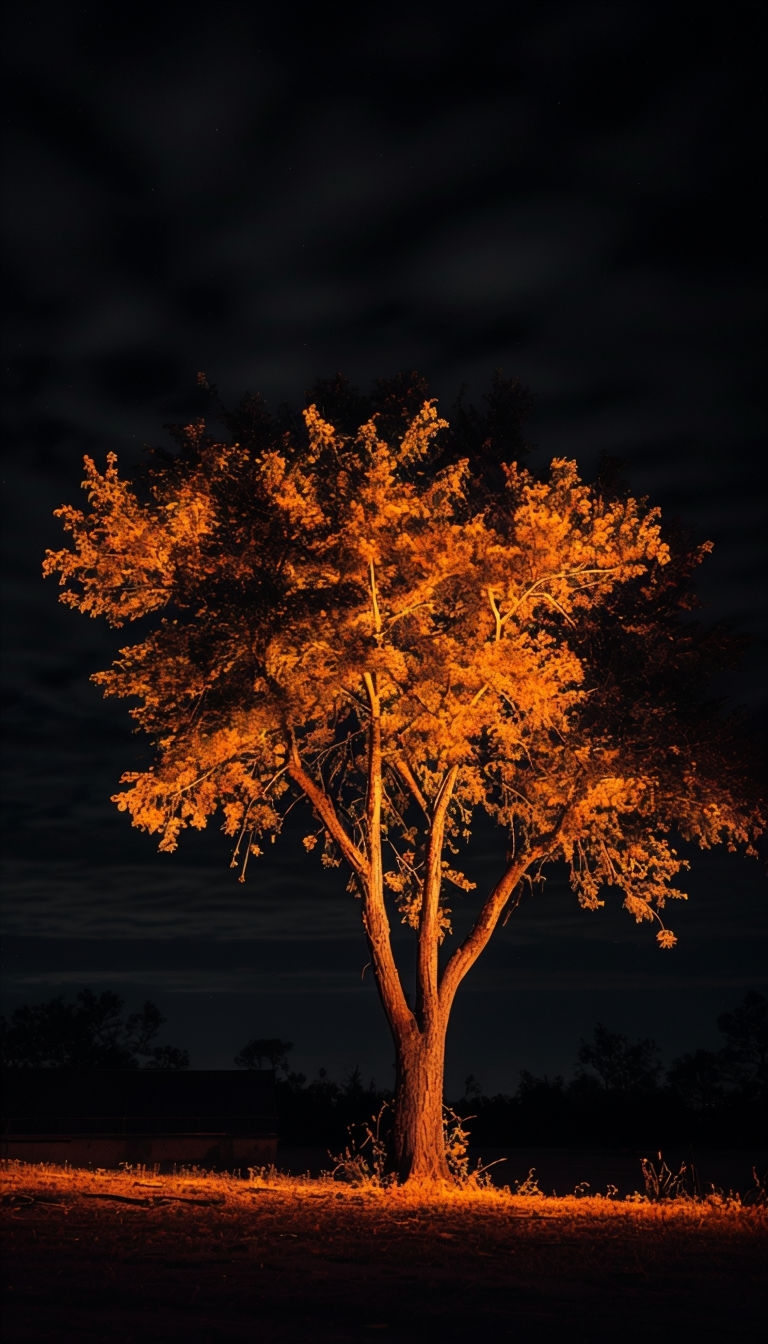 Illuminated Tree Night Landscape with Amber Hues Mobile Wallpaper