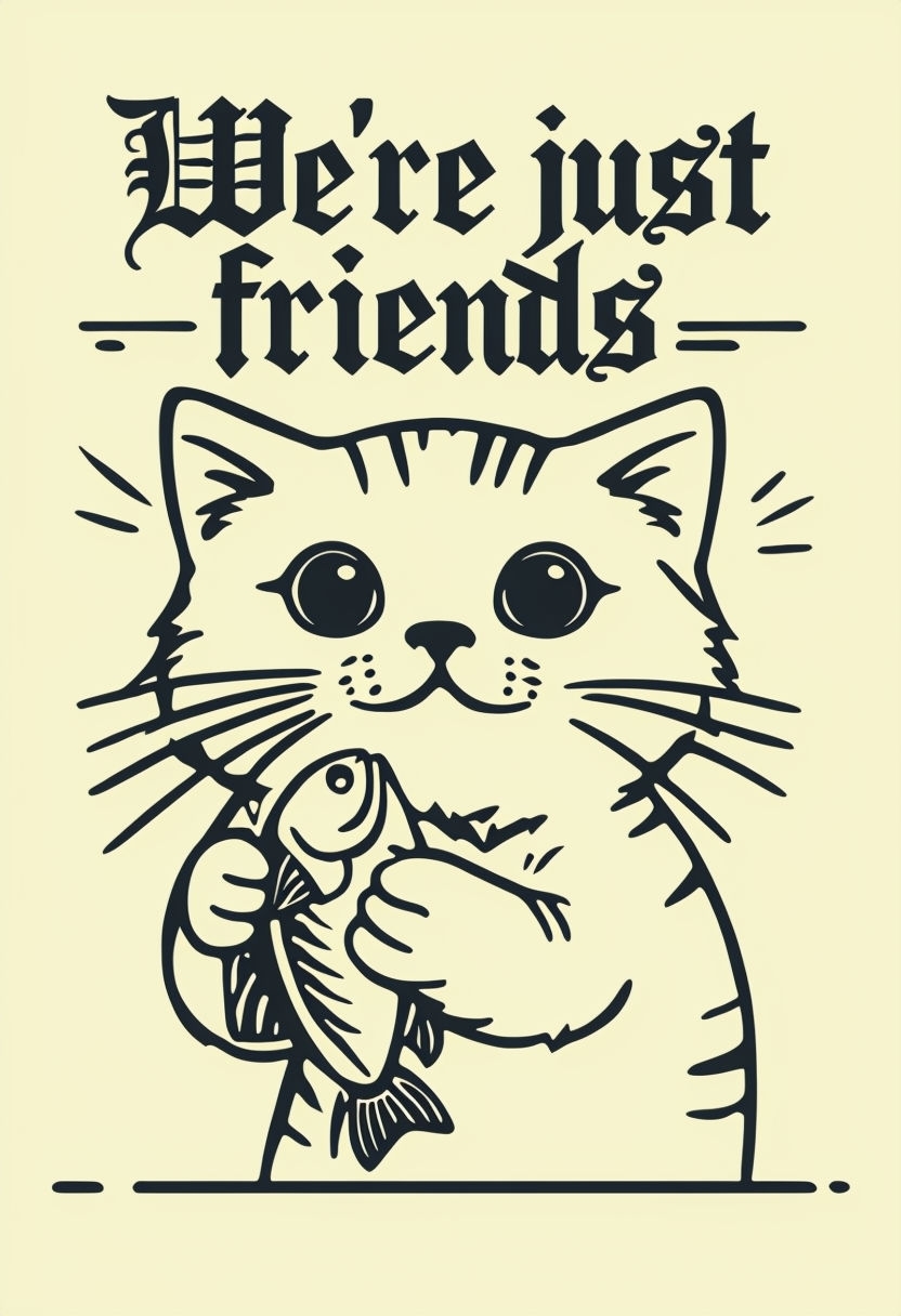 Retro Kitten Holding Fish with 'We're Just Friends' Text T-shirt