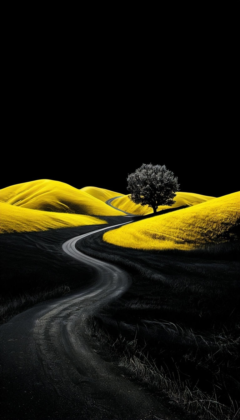 Surreal Yellow Hills and Dark Tree Landscape Mobile Wallpaper