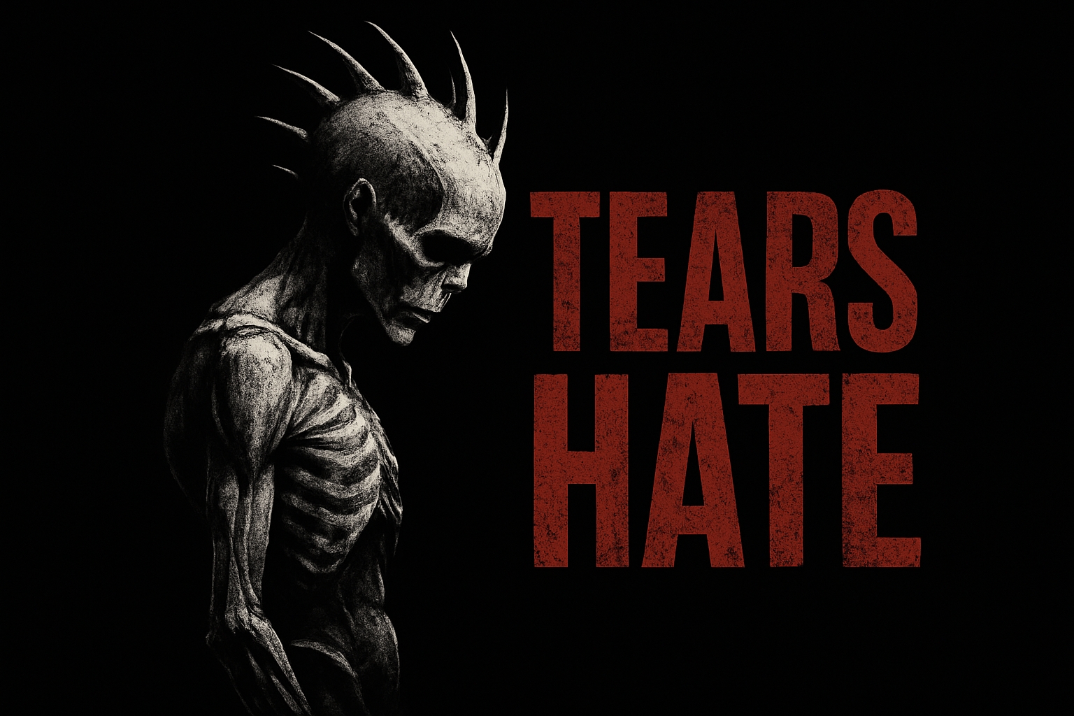 Monochromatic Skeletal Figure with 'Tears Hate' Text Art Social Media Post