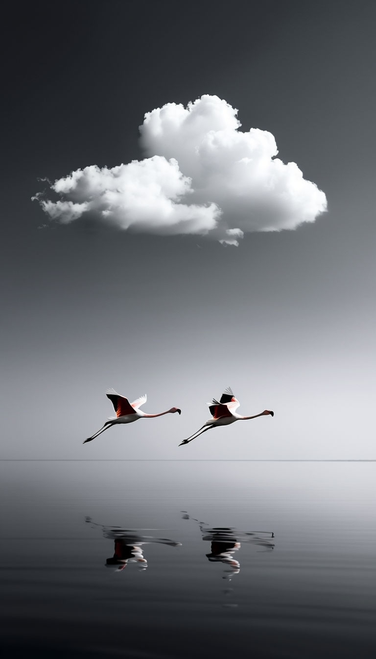 Elegant Flamingos in Flight Over Serene Water Photography Mobile Wallpaper