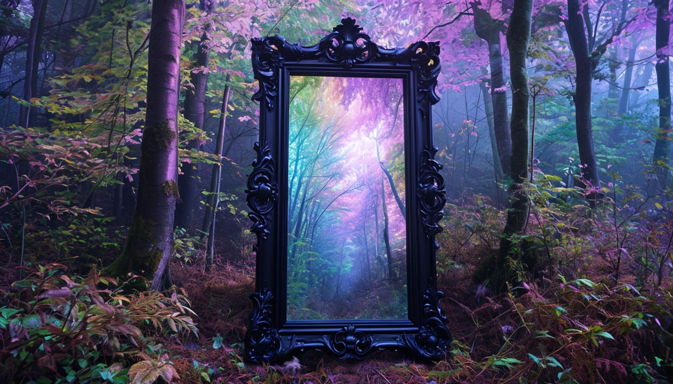 Mystical Forest with Ornate Mirror Surreal Virtual Background