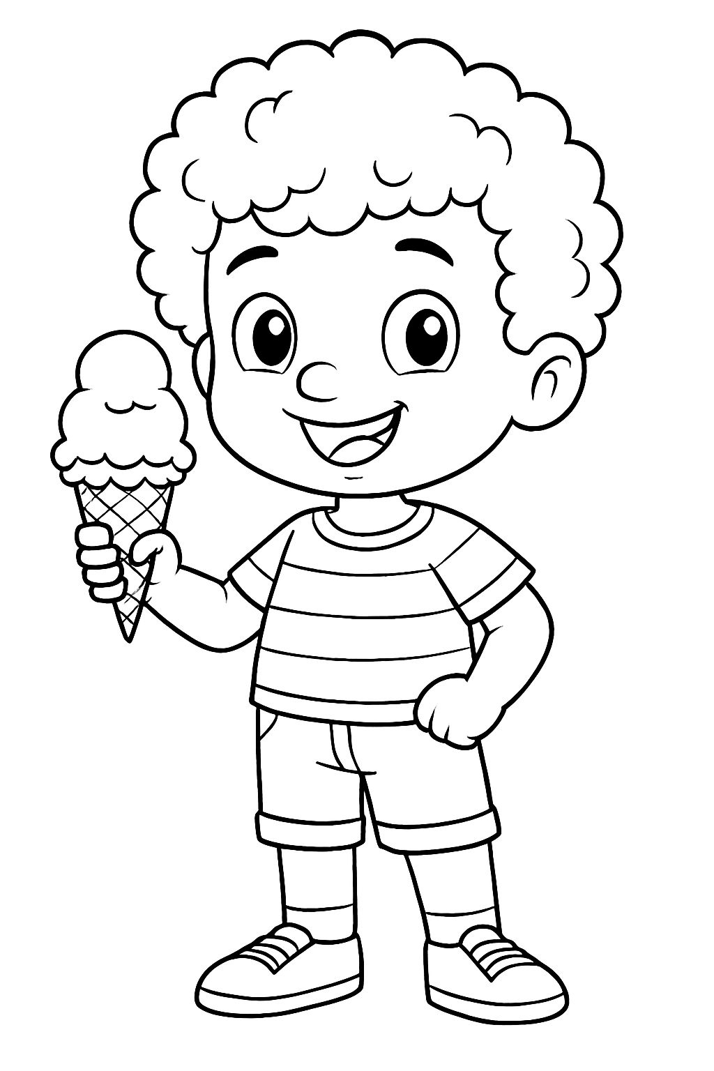 Cheerful Cartoon Boy with Ice Cream Cone Line Drawing Coloring Book Pages