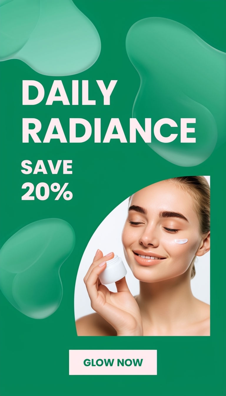 Radiant Daily Skincare Offer with Young Woman and Cream Poster