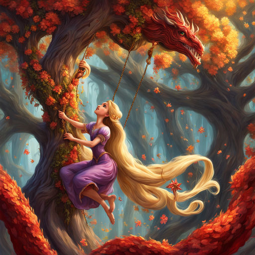 Rapunzel swings from the towering tree by her golden hair by Paige ...