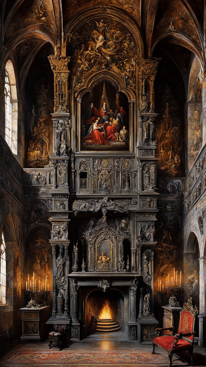 Gothic oil painting depicting the grand hall of Čachtice Cas... by ...