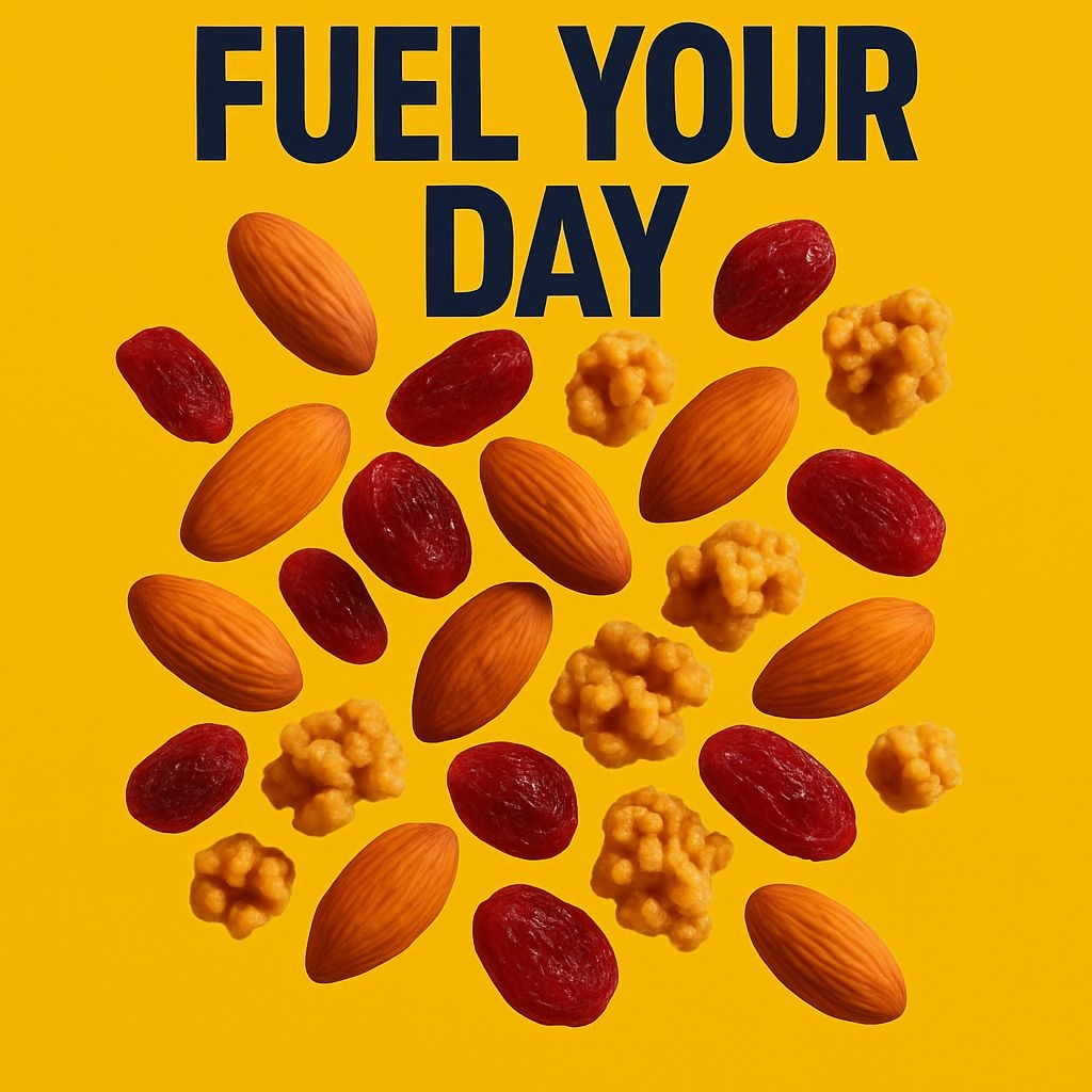 Vibrant Fuel Your Day Nuts and Dried Fruits Promotional Graphic Ads