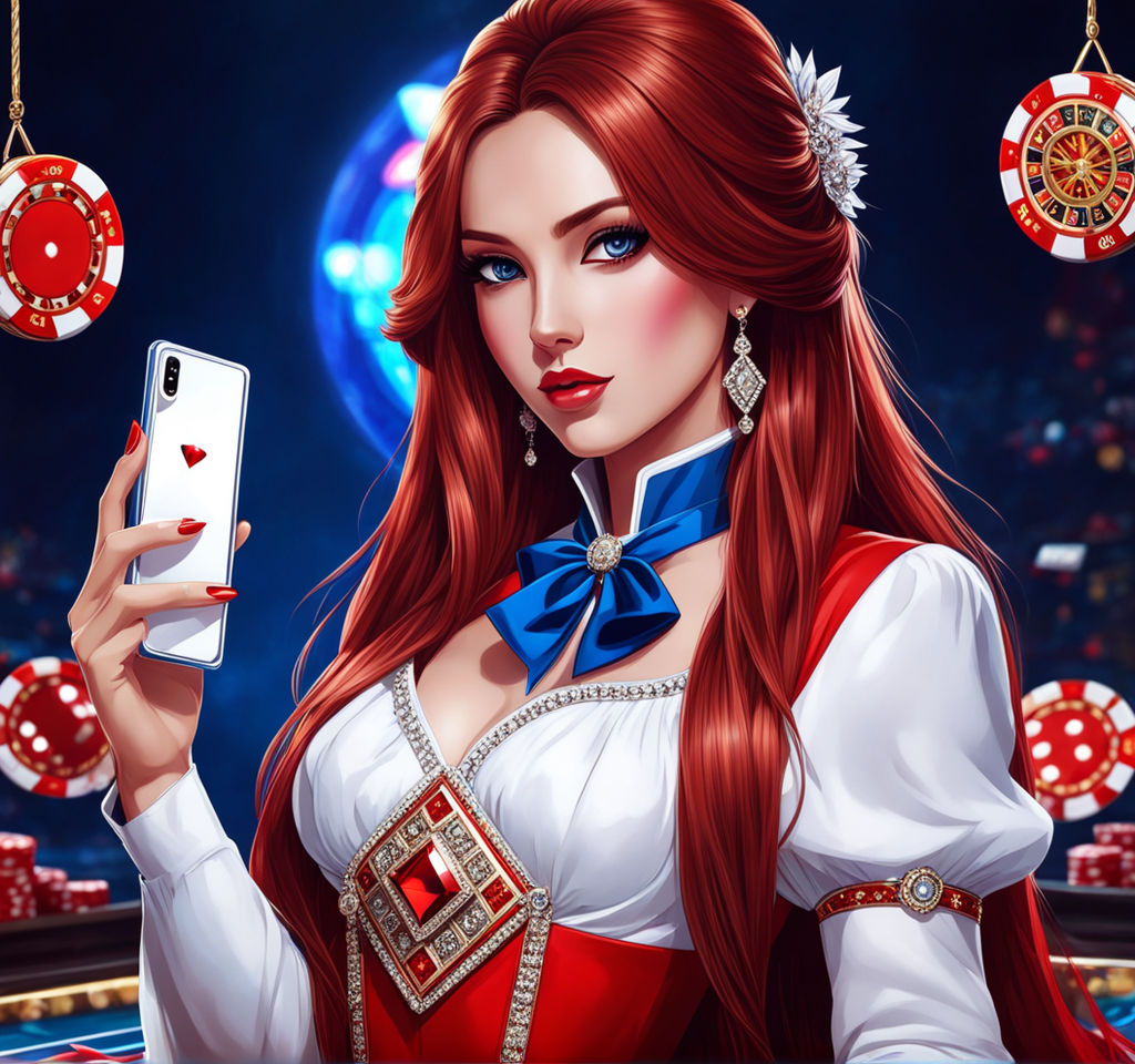 beautiful character holding big red diamond, thick long hair, white red dressed, holding phone, very cool, with gambling, amazing detailed, upper body, dark blue and blue, add some creative things