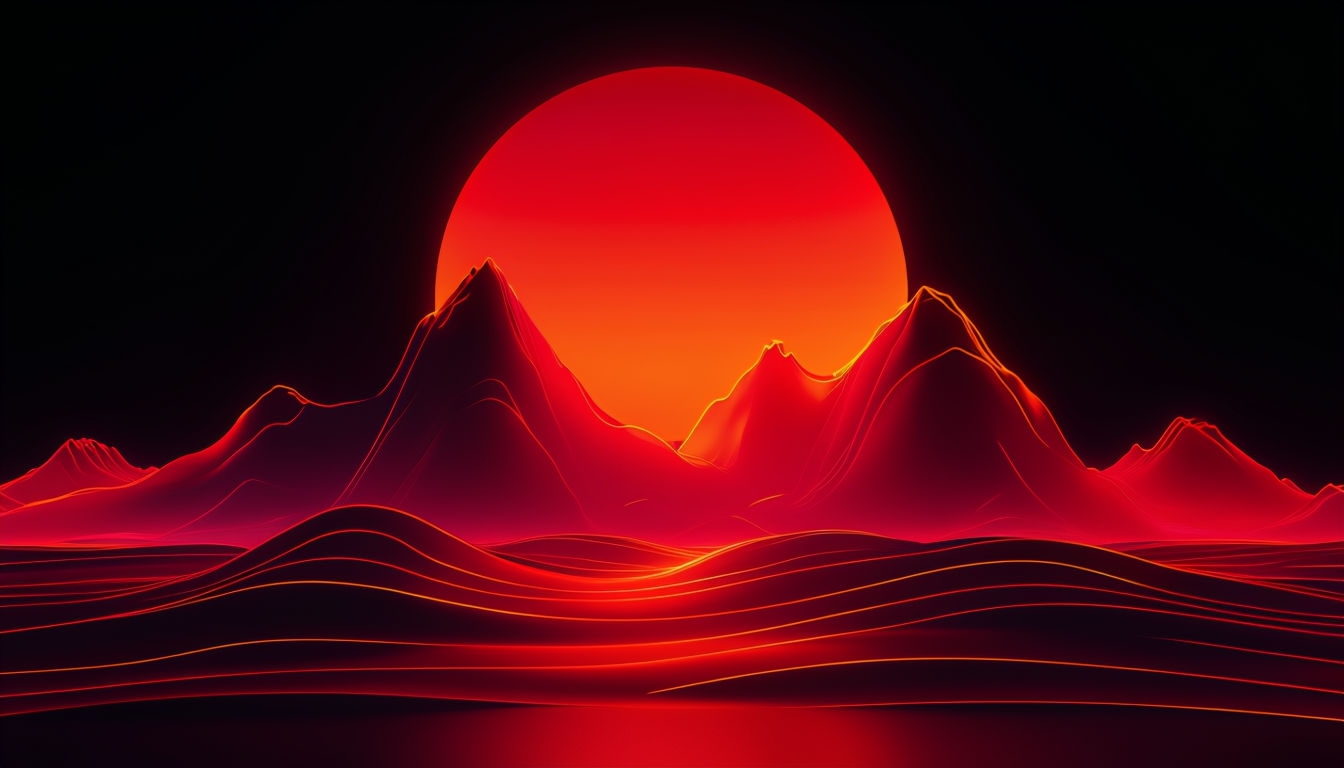 Vibrant Neon Landscape with Glowing Sun and Mountains Background